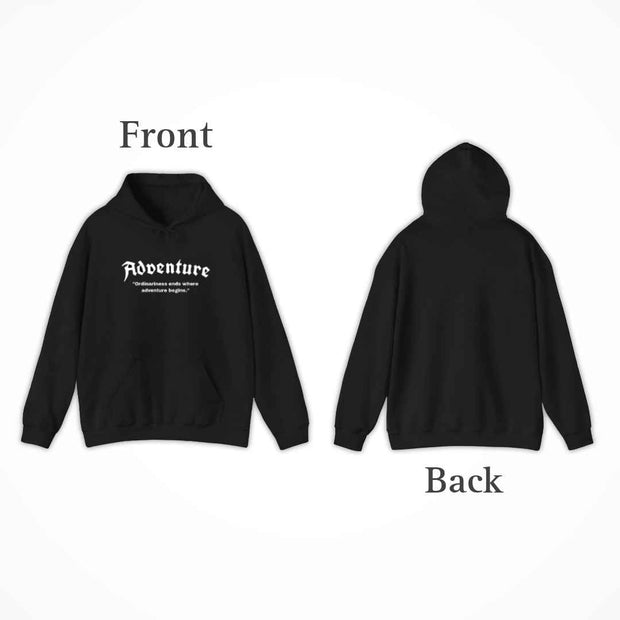 Unisex hoodie sweatshirt with adventure text pattern