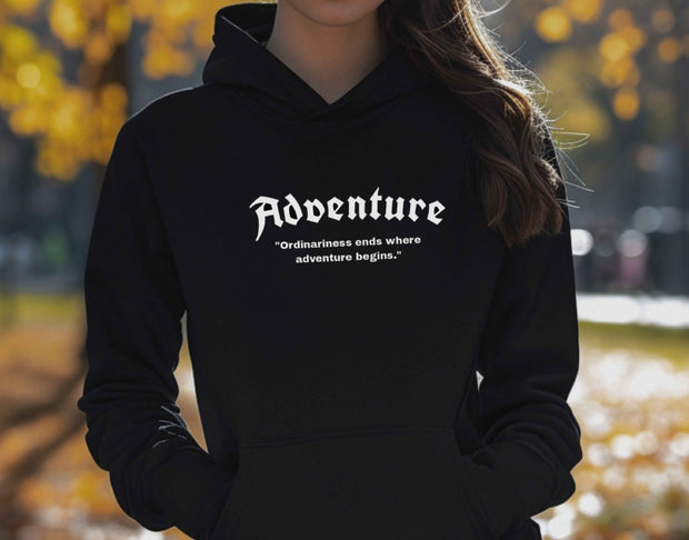 Unisex hoodie sweatshirt with adventure text pattern