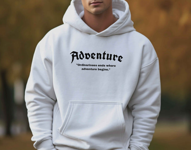 Unisex hoodie sweatshirt with adventure text pattern