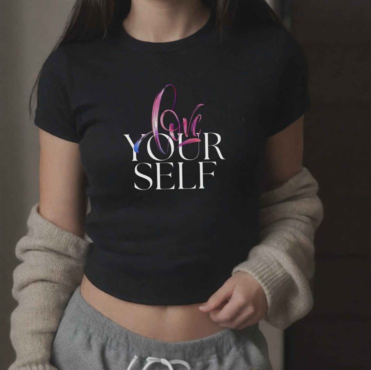 Women's crop top with love yourself text pattern