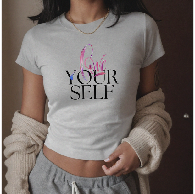 Women's crop top with love yourself text pattern